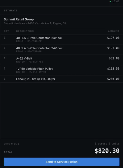 A finished Quotex estimate with line items and total